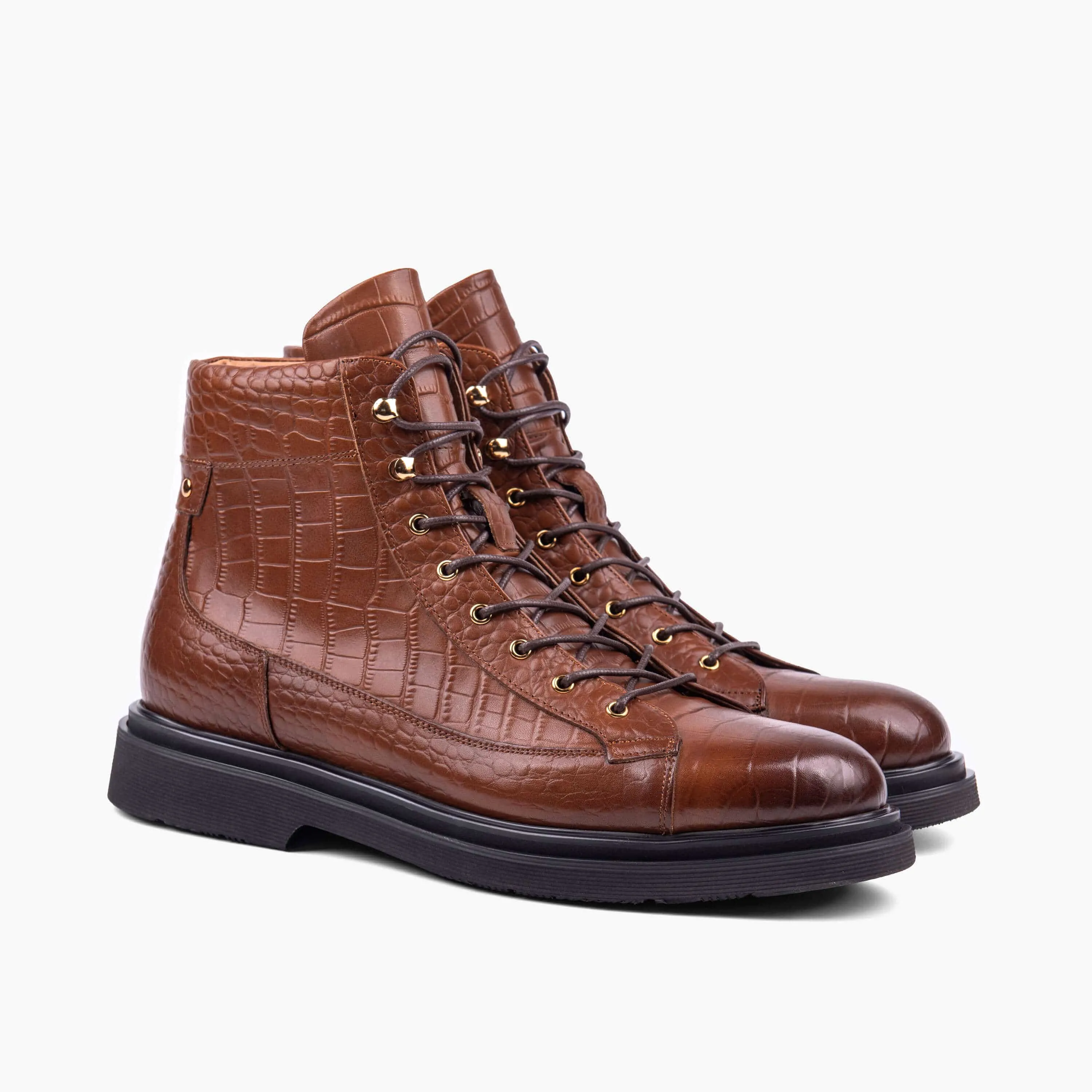 Aiden Brown Crocskin Leather Combat Boots