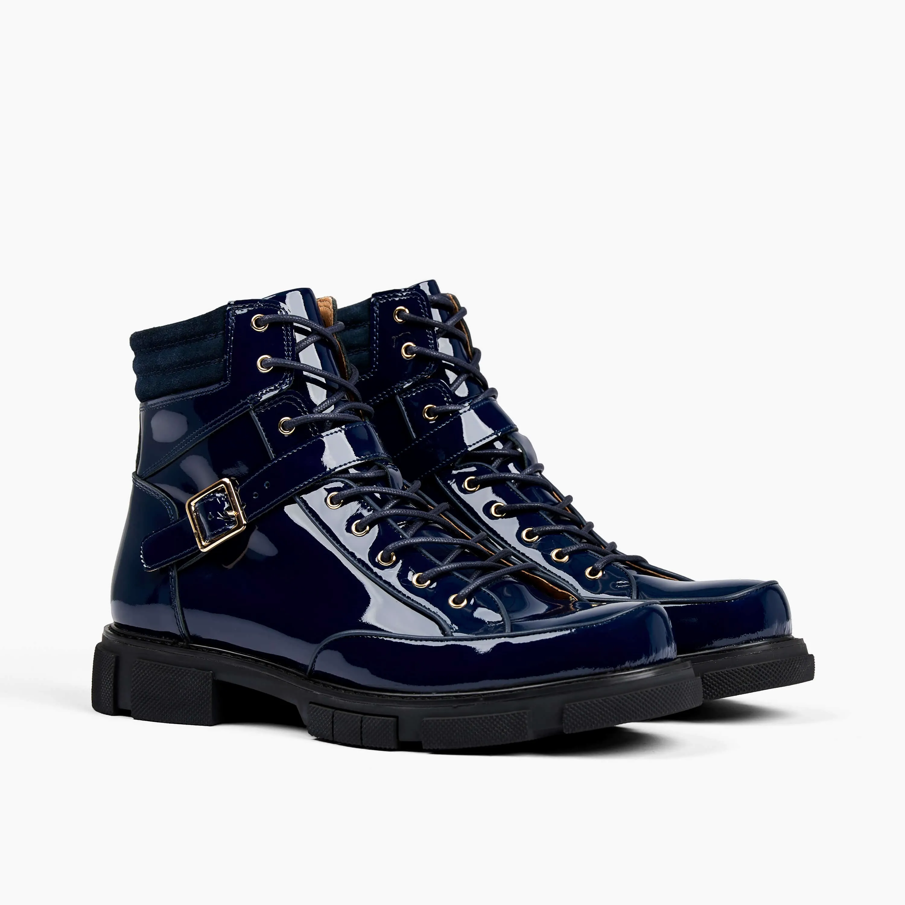 Atlas Navy Patent Leather Strap Boots