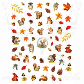 Autumn Squirrel Pine cone Leaves Nail Stickers