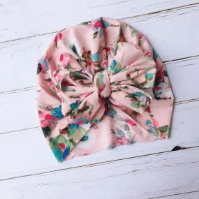 Baby Top Knot Bow Turban — Pink Floral