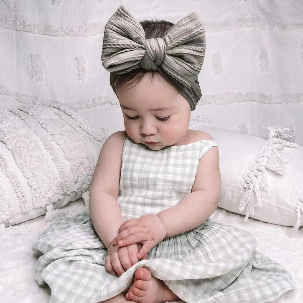 Baby Top Knot Double Bow Headband Grey