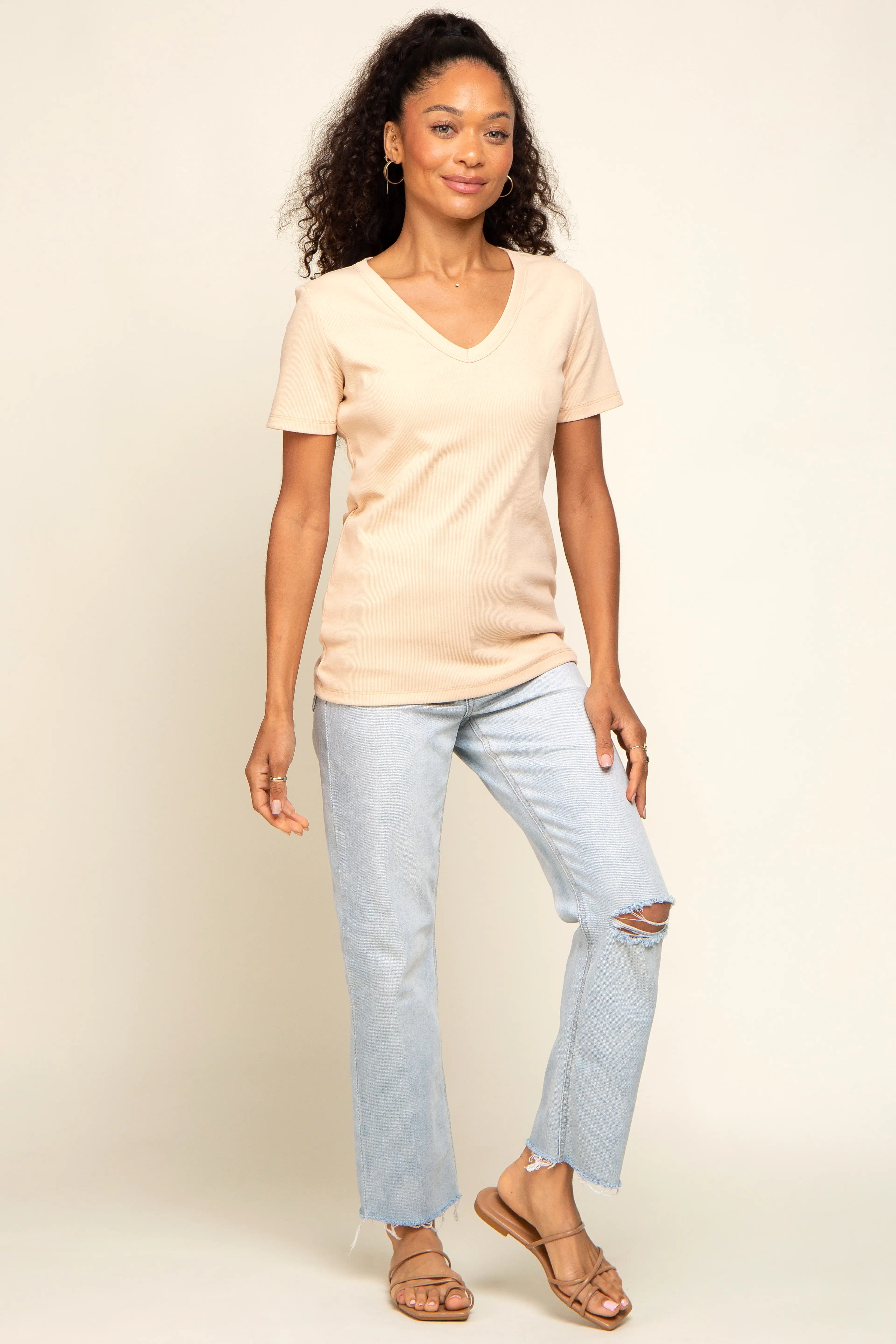 Beige Ribbed V-Neck Top