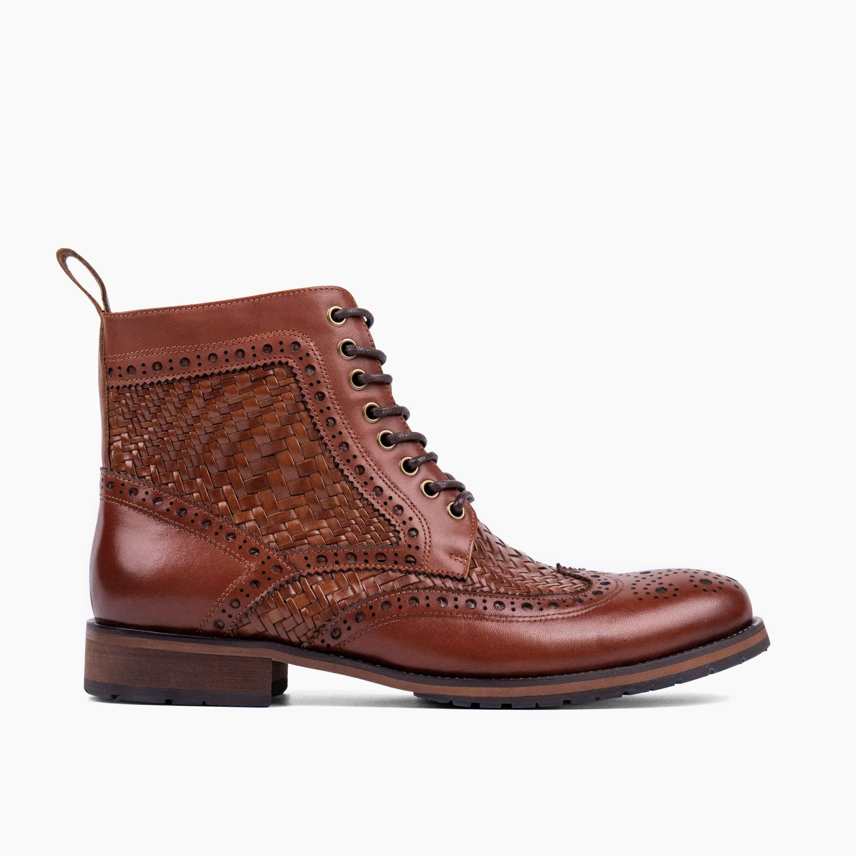 Belmont Woven Brandy Leather Wingtip Combat Boots