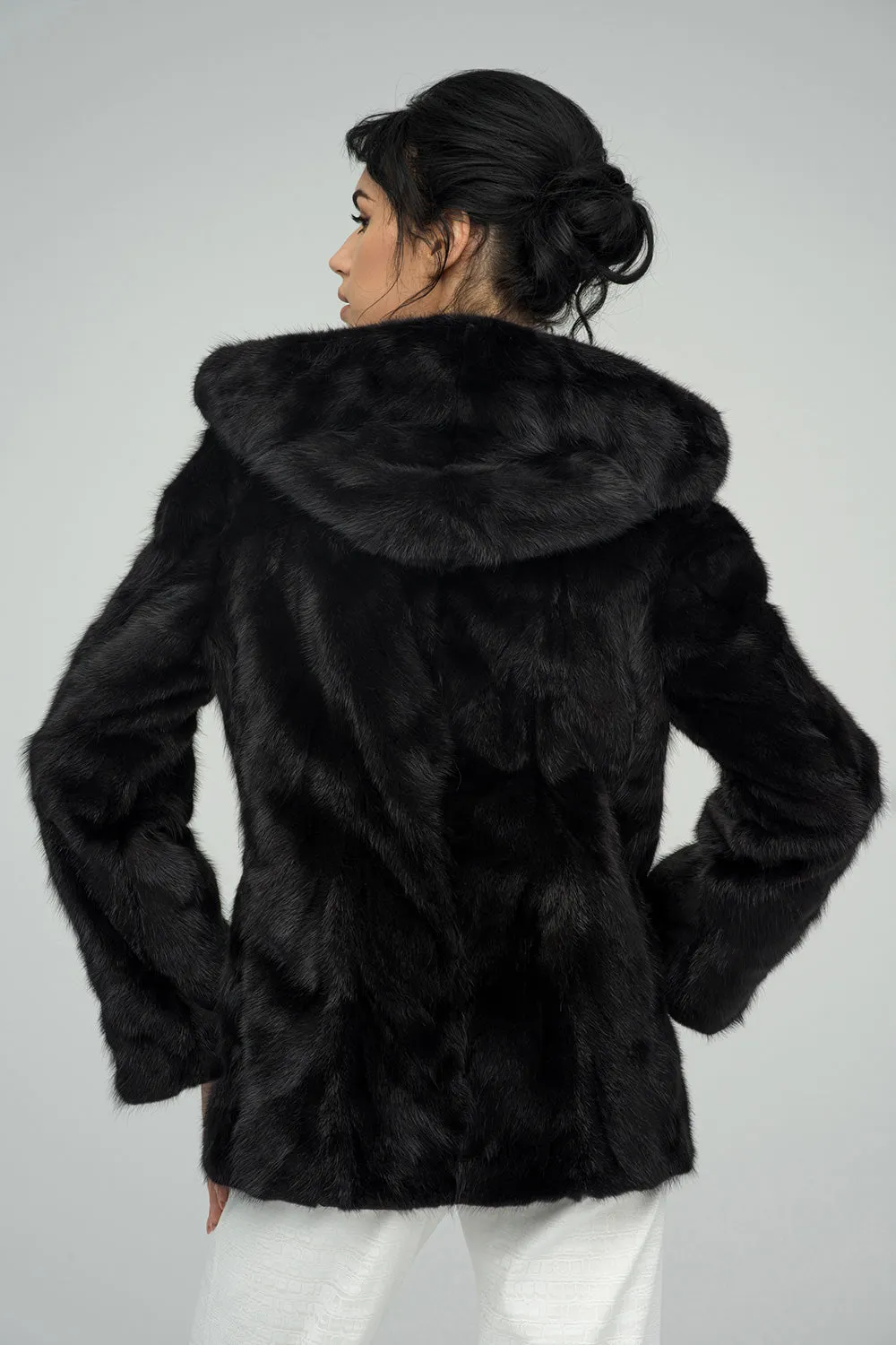 Black Genuine Hooded Mink Fur Coat