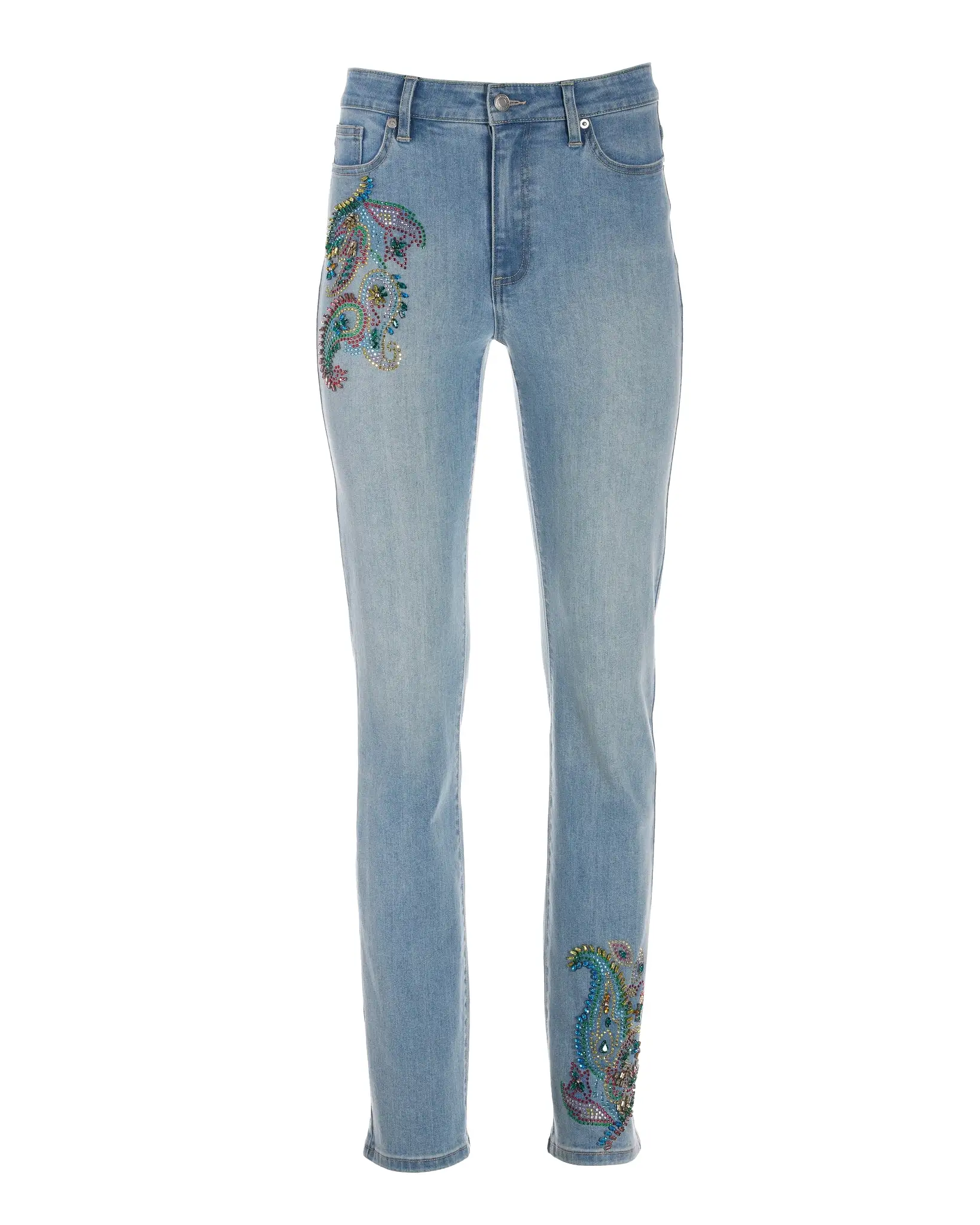 Bright Paisley Embellished Slim Straight-Leg Jean Light Denim