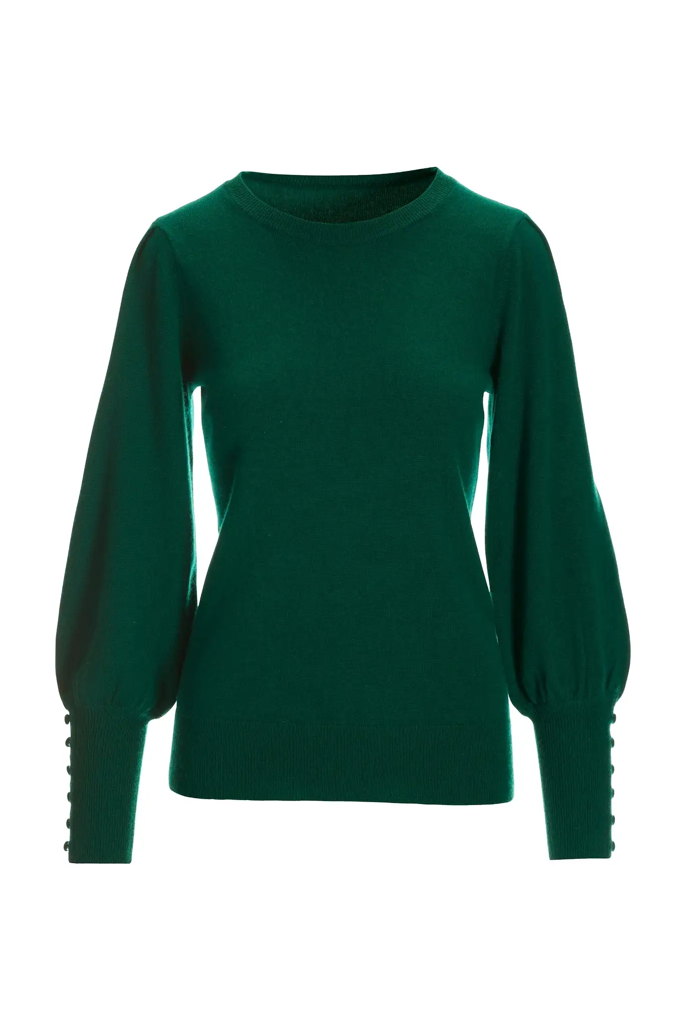 Cashmere Button-Cuff Puff-Sleeve Sweater Emerald