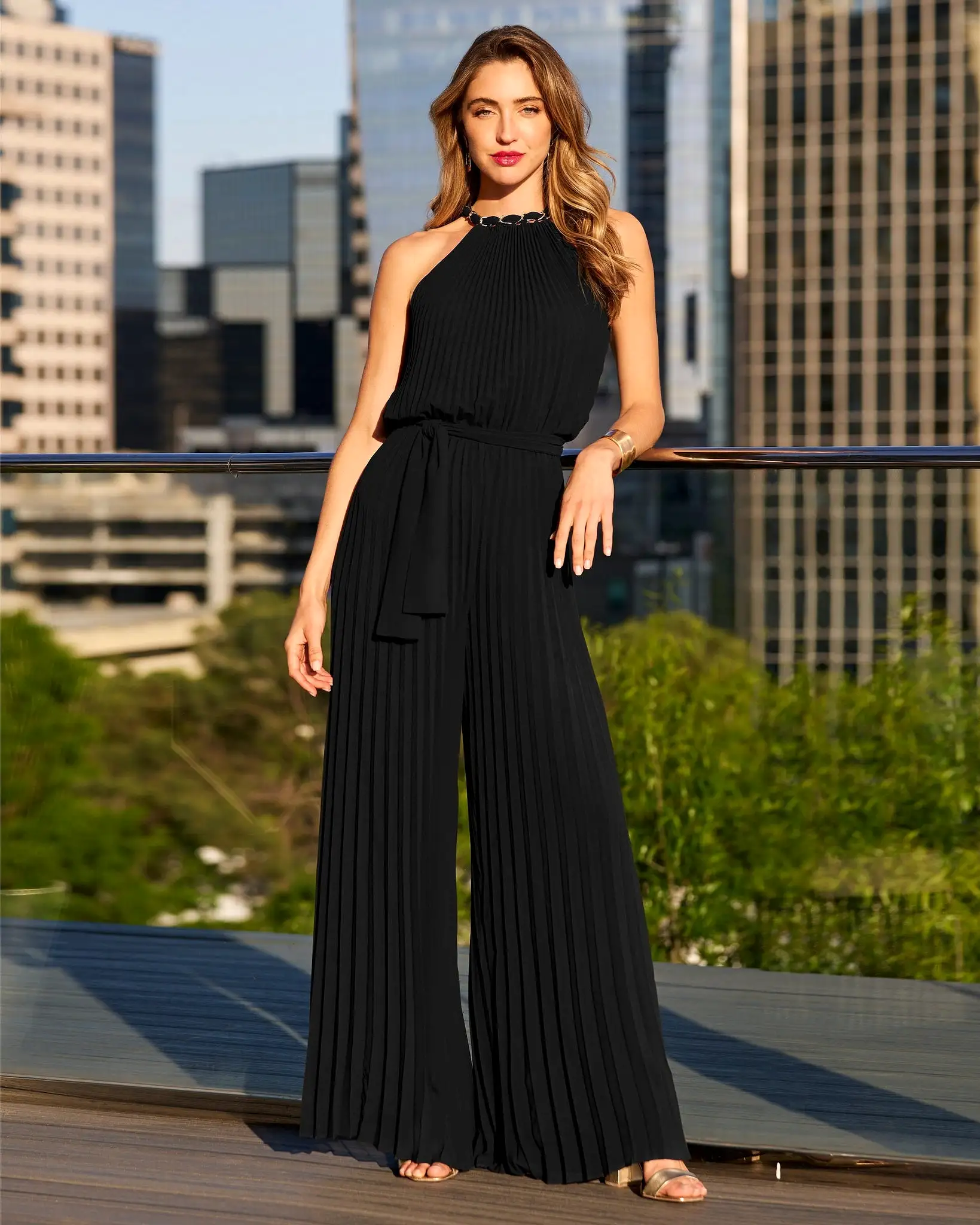 Chain Detail High Neck Pleated Jumpsuit Black