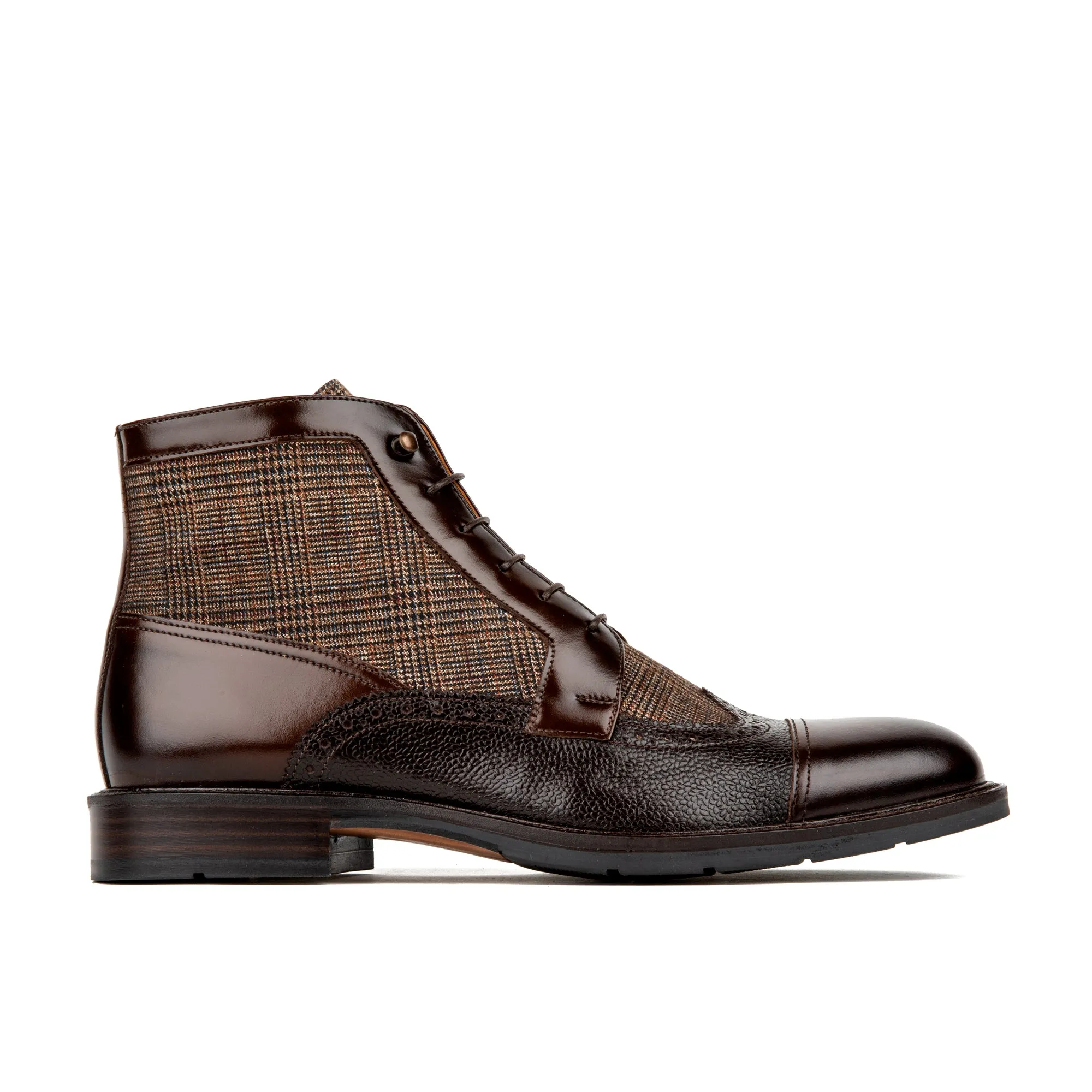 CHARLES BROWN CHECK - Men's toe cap dressy leather boot in leather and textile