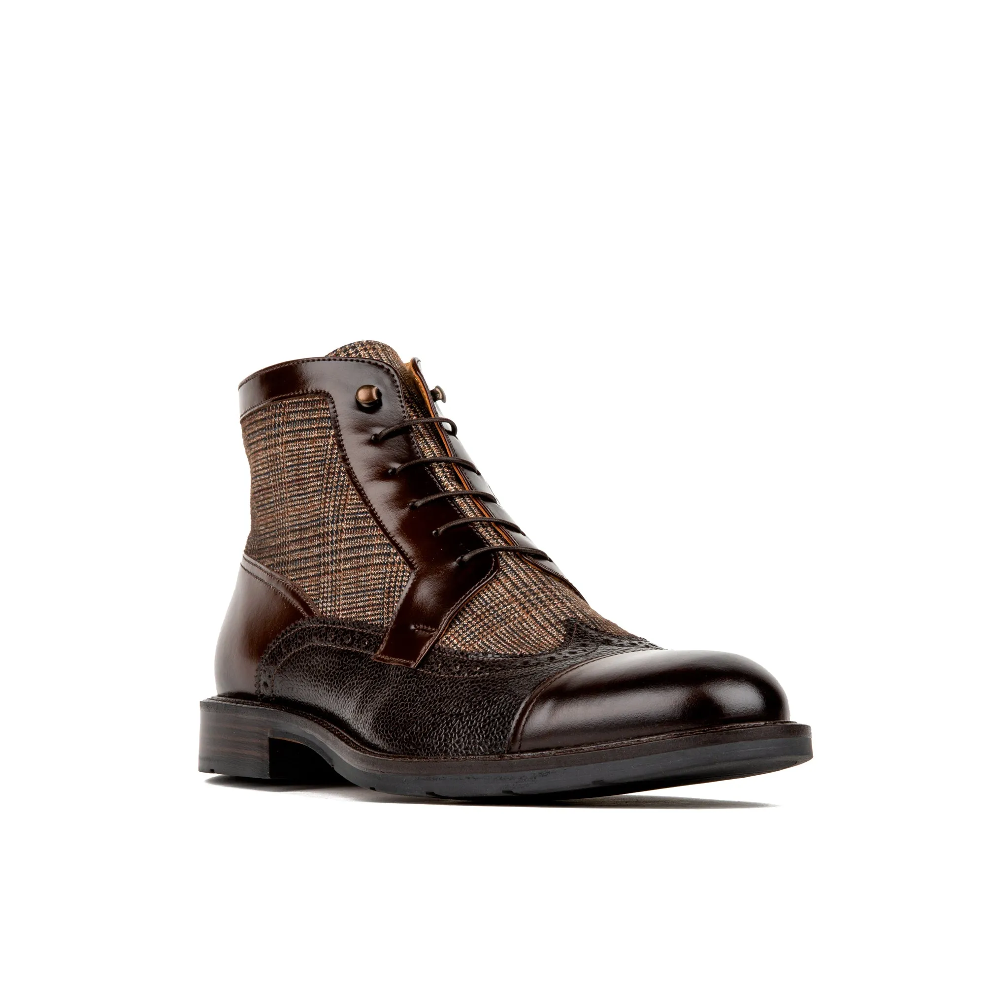 CHARLES BROWN CHECK - Men's toe cap dressy leather boot in leather and textile