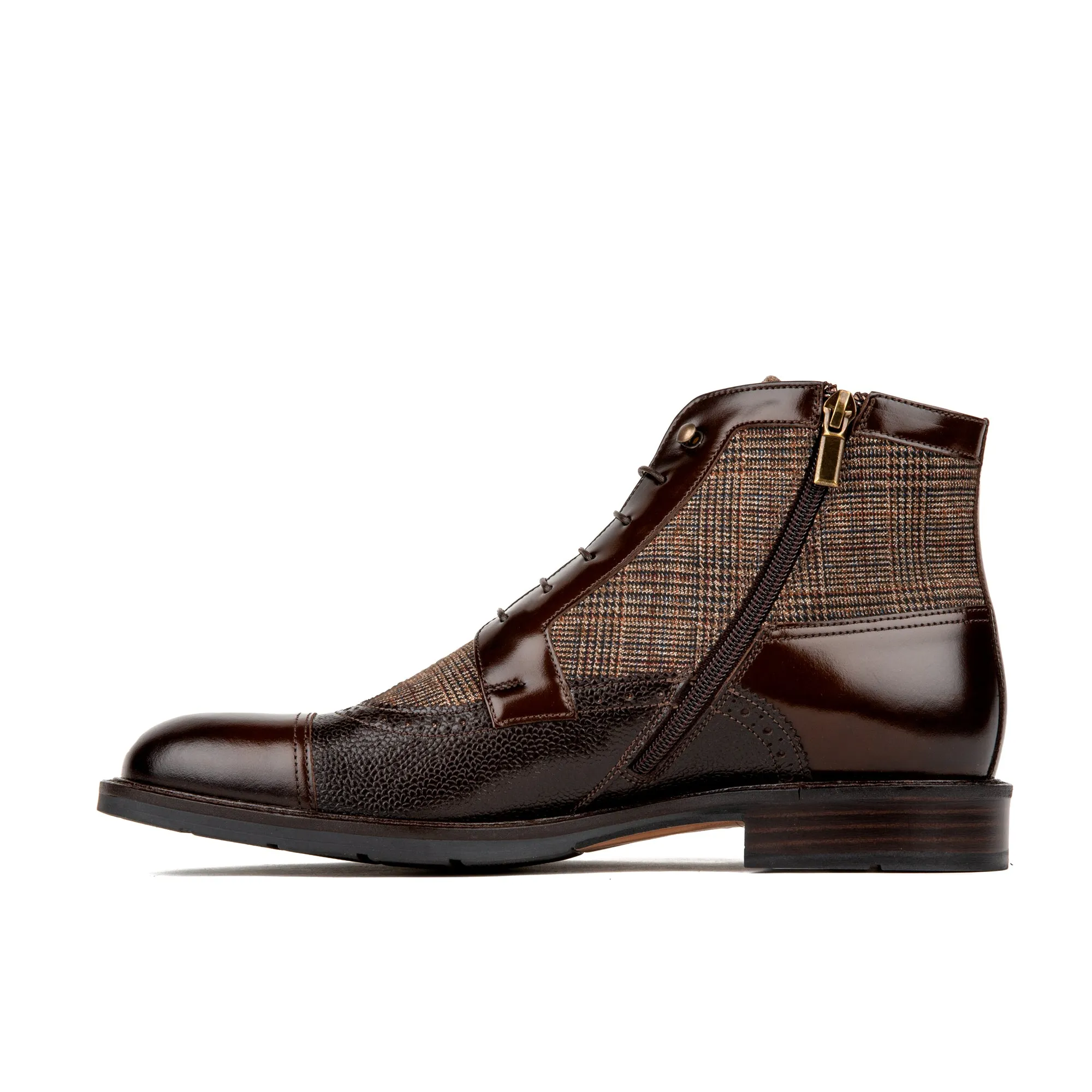 CHARLES BROWN CHECK - Men's toe cap dressy leather boot in leather and textile