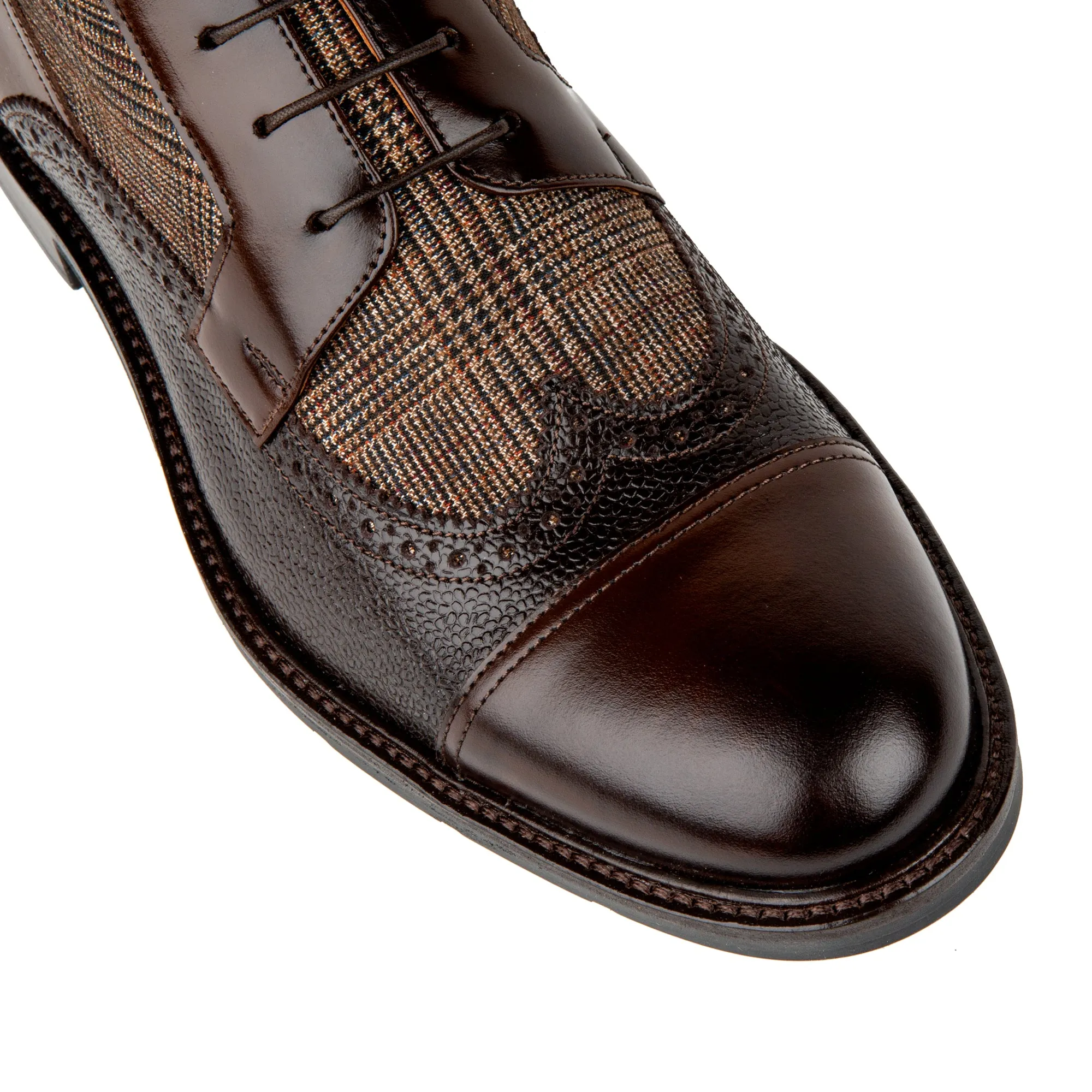 CHARLES BROWN CHECK - Men's toe cap dressy leather boot in leather and textile