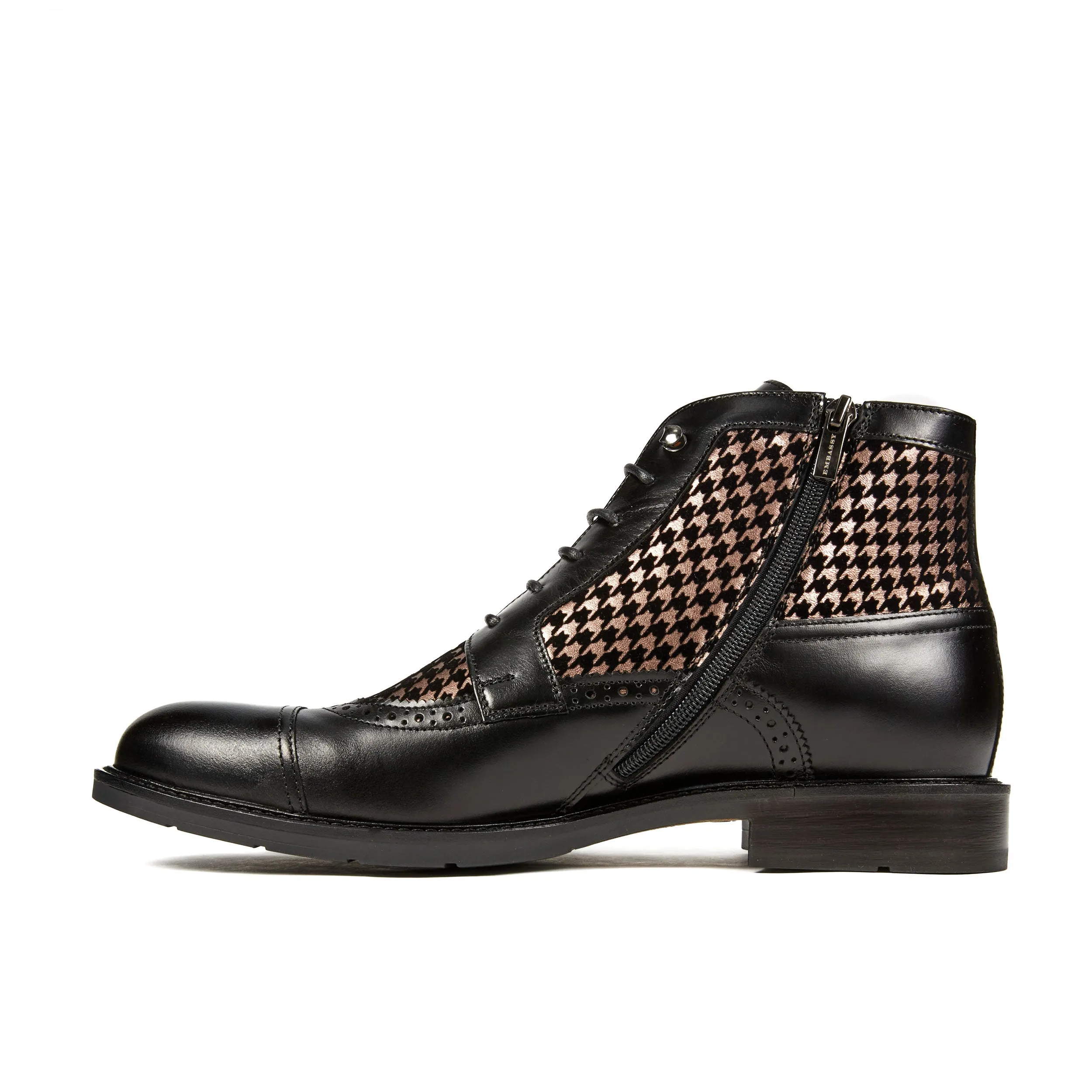 CHARLES HOUNDSTOOTH - Men's leather toe cap dressy boot in black and houndstooth