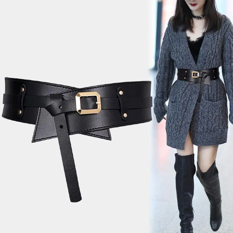 Coat Super Wide Cummerbunds Dress Black Soft Pu Leather Waistband