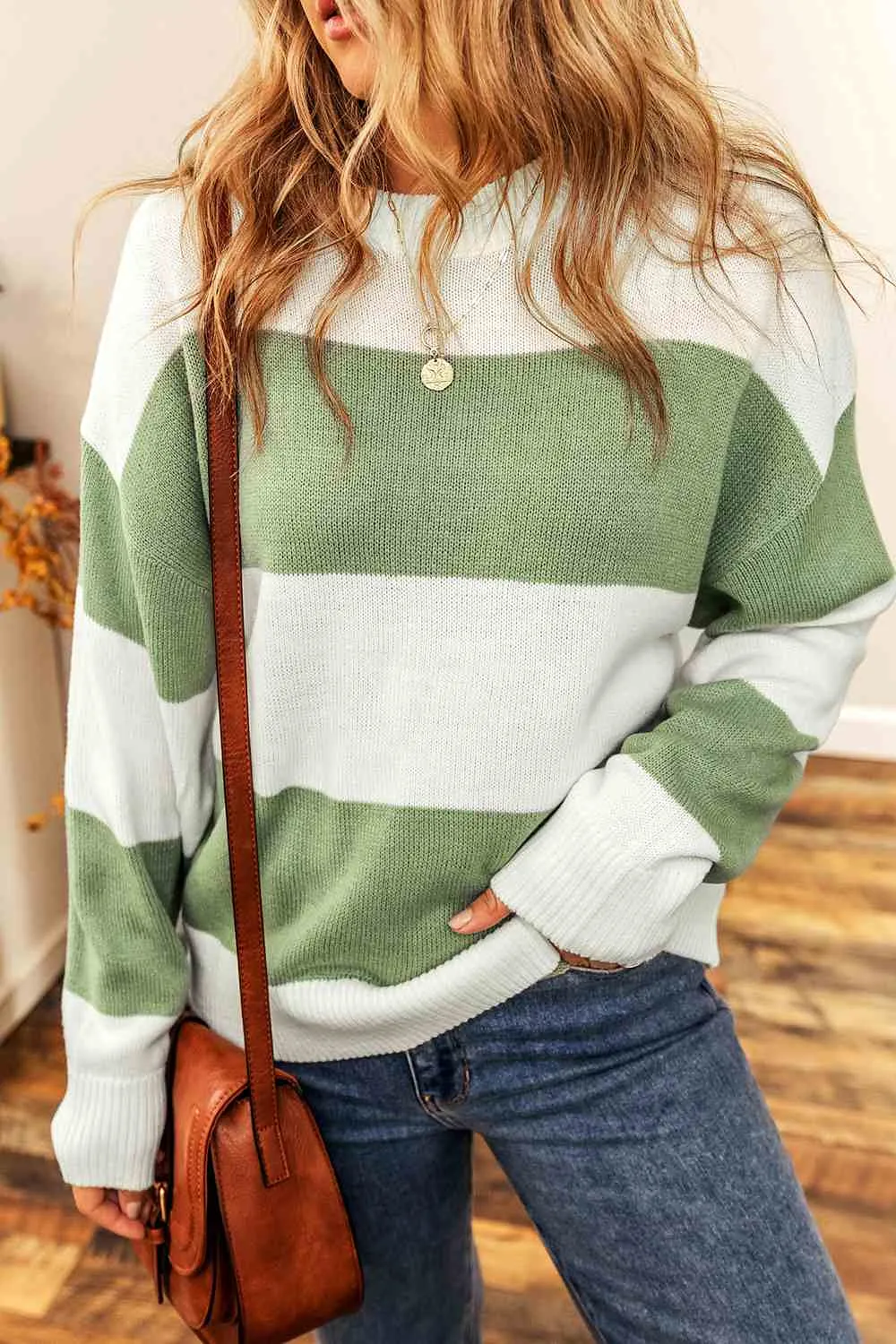 Color Block Round Neck Drop Shoulder Sweater