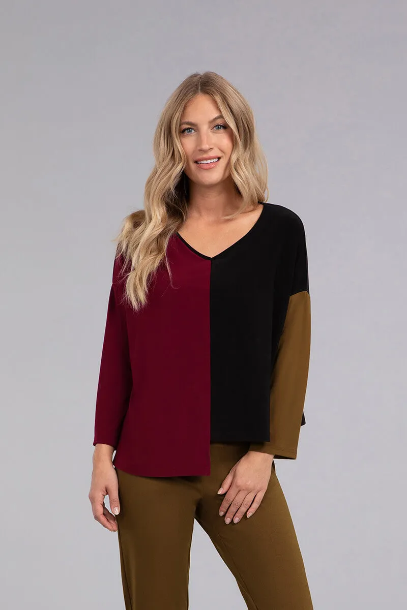 Colour Block Etch V-Neck Top | BStone/Black/Tobacco