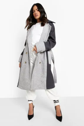 Contrast Panel Belted Wool Look Coat