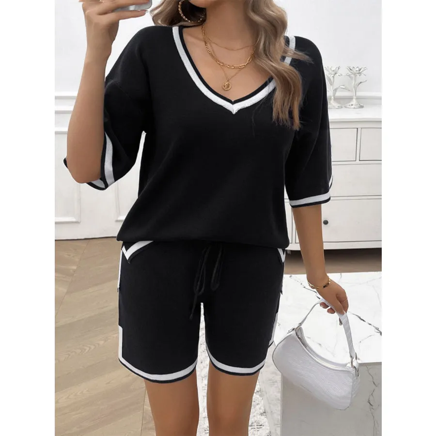 Contrast Trim V-Neck Top and Shorts Set