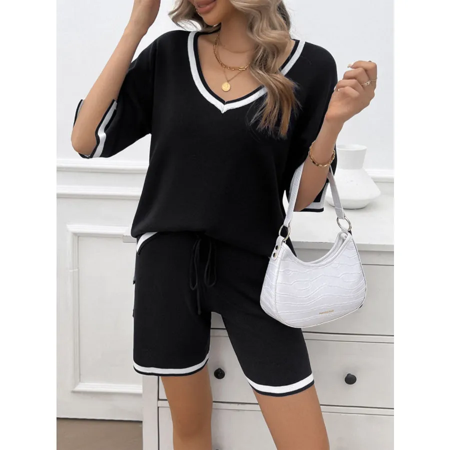 Contrast Trim V-Neck Top and Shorts Set