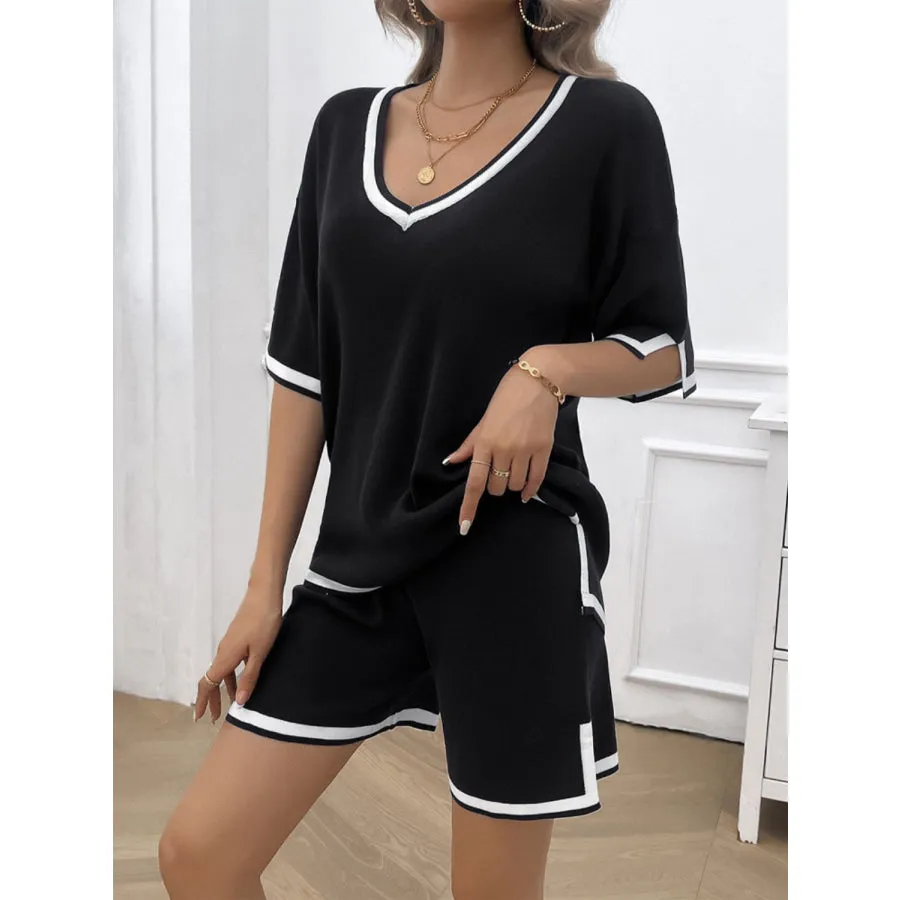 Contrast Trim V-Neck Top and Shorts Set