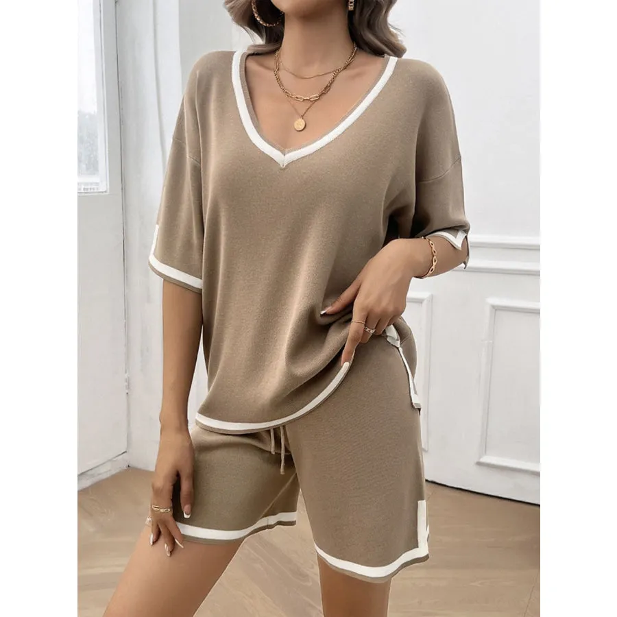 Contrast Trim V-Neck Top and Shorts Set