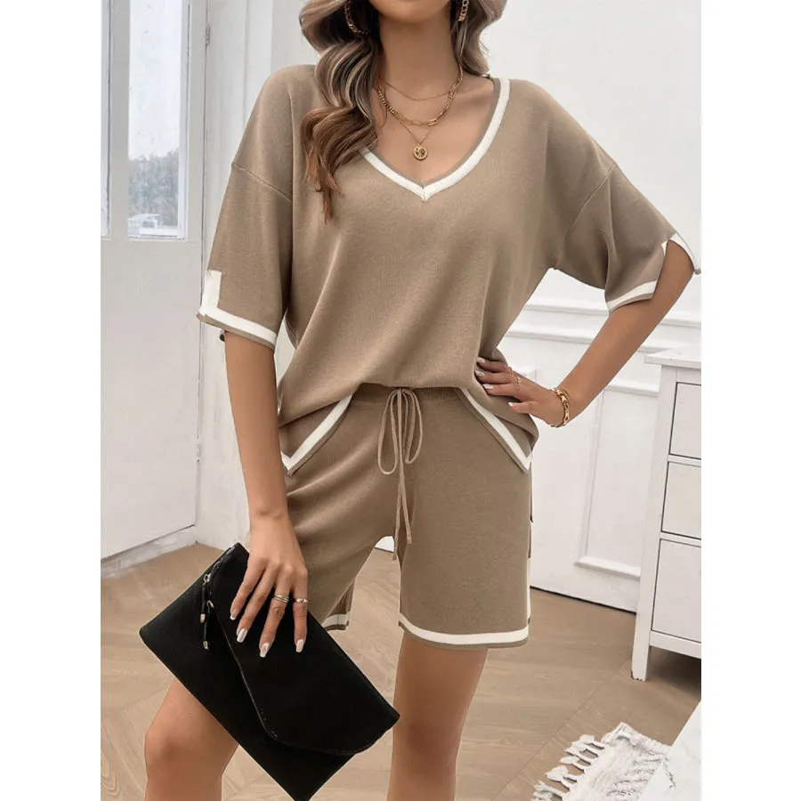 Contrast Trim V-Neck Top and Shorts Set