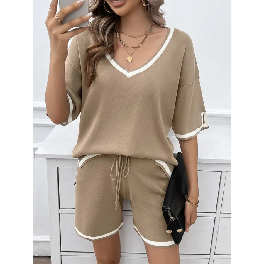 Contrast Trim V-Neck Top and Shorts Set