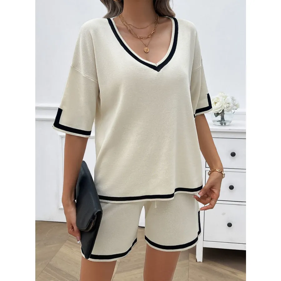 Contrast Trim V-Neck Top and Shorts Set