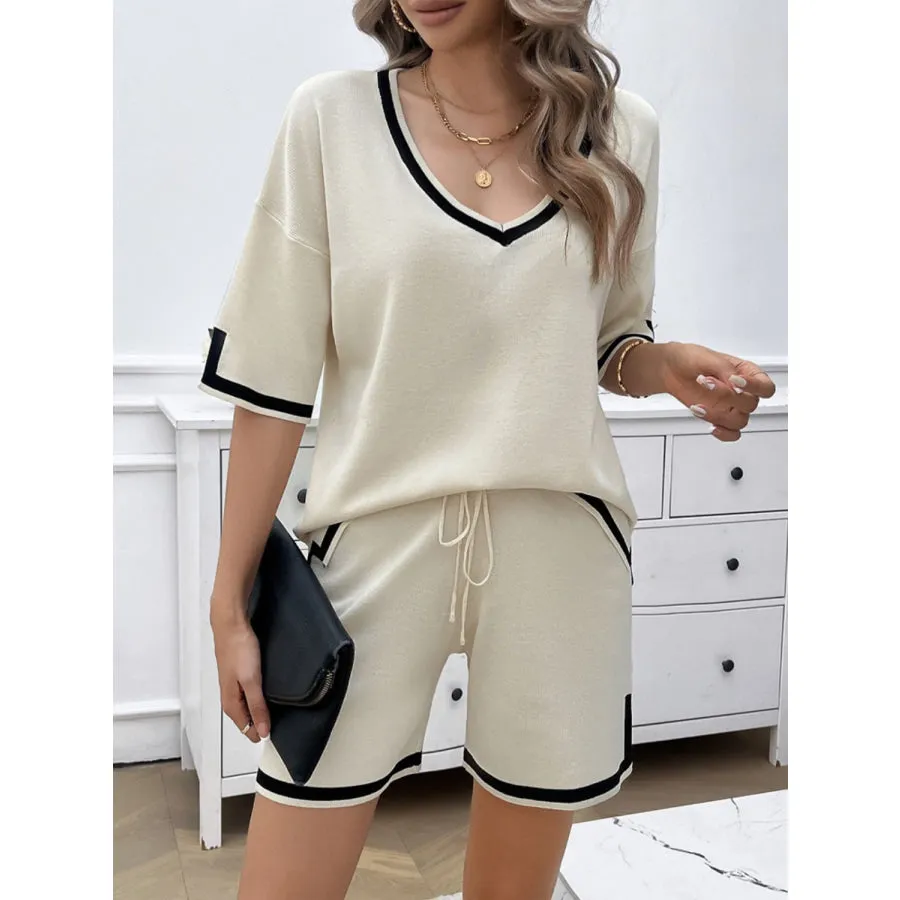 Contrast Trim V-Neck Top and Shorts Set