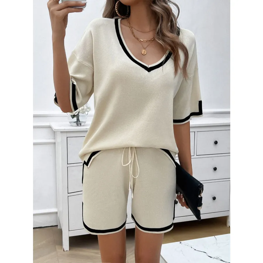 Contrast Trim V-Neck Top and Shorts Set