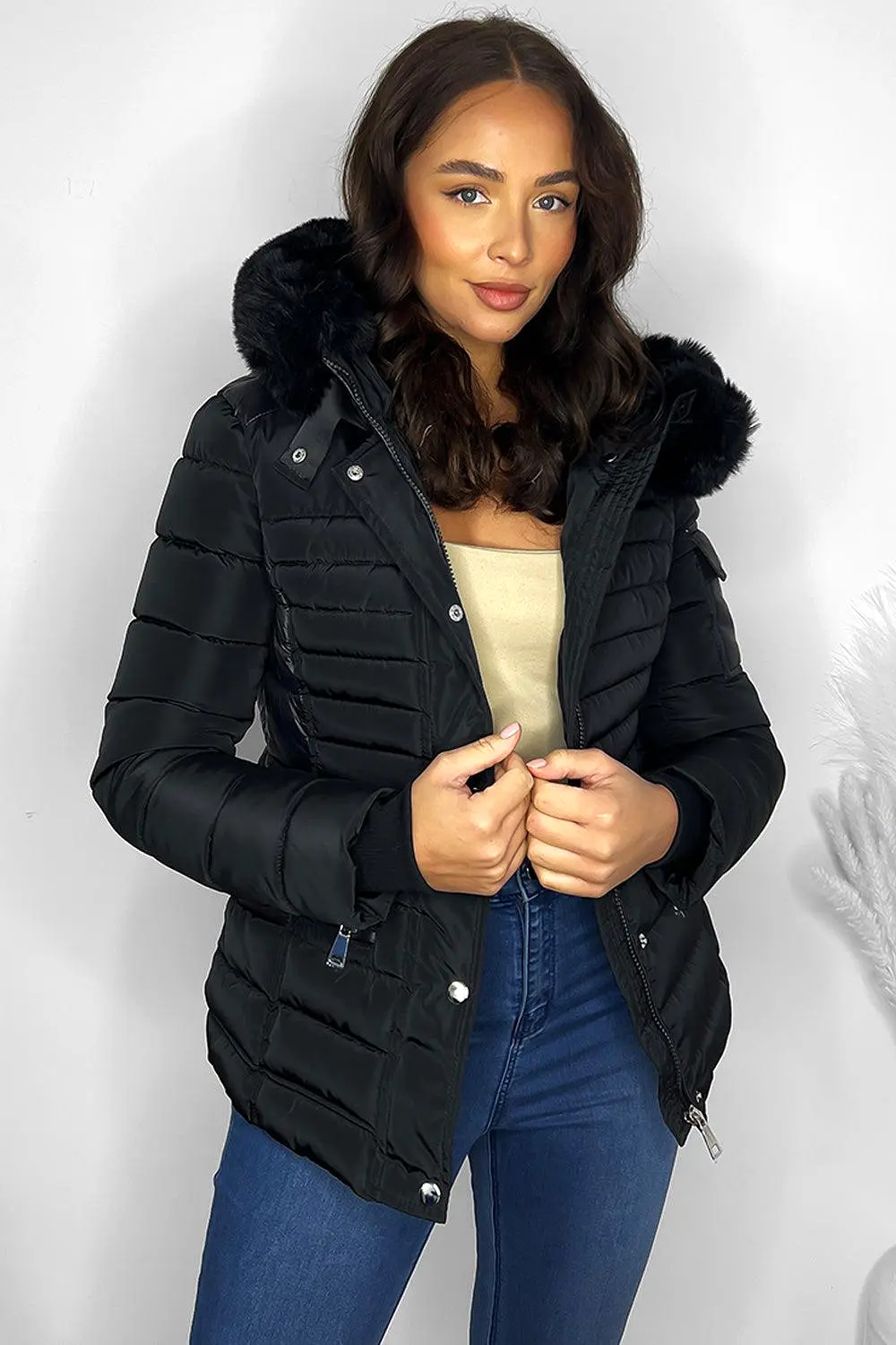 Faux Fur Trimmed Hoodie Belted And Quilted Winter Jacket