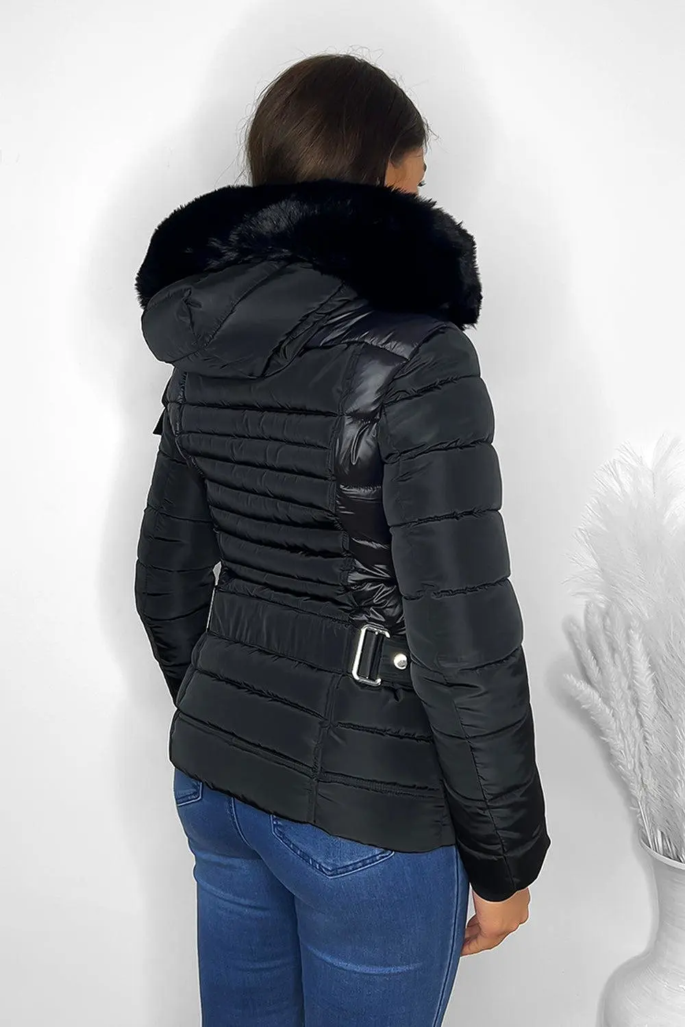 Faux Fur Trimmed Hoodie Belted And Quilted Winter Jacket