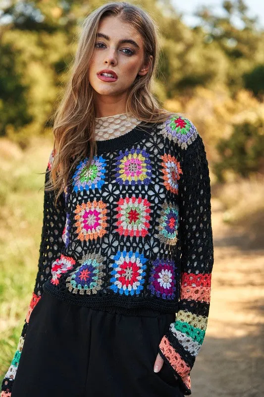 Floral Crochet Cropped Knit Sweater