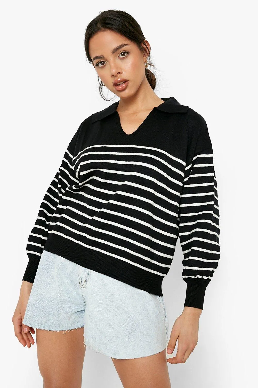 Grandad Collar Stripe Oversized Sweater