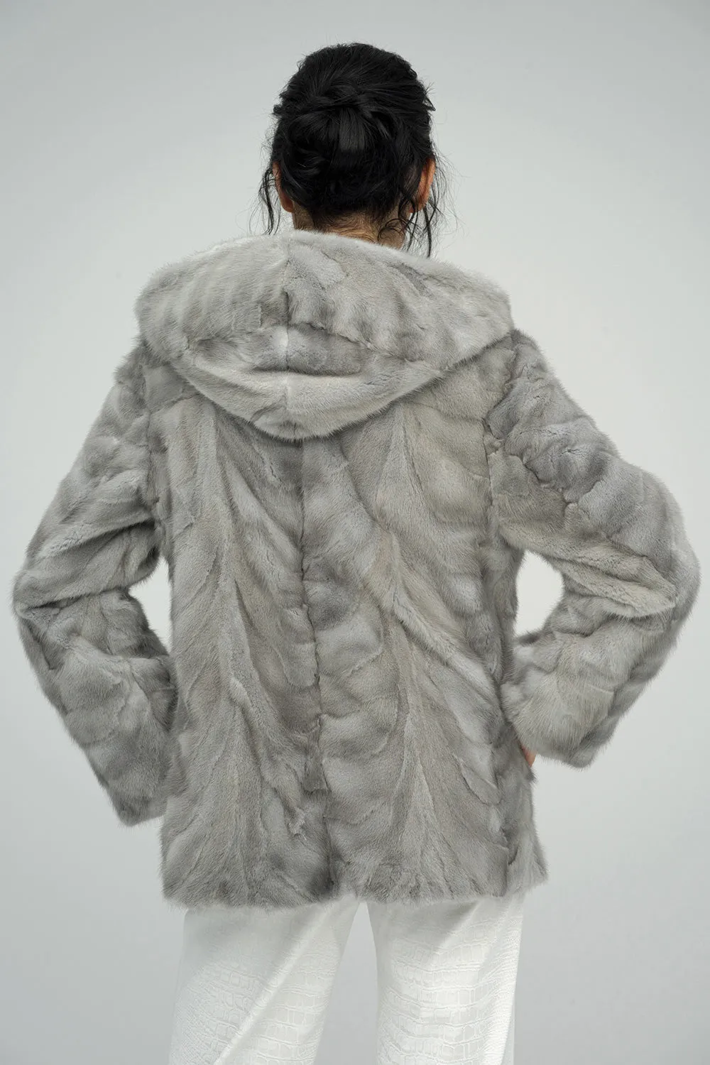 Gray Genuine Hooded Mink Fur Coat