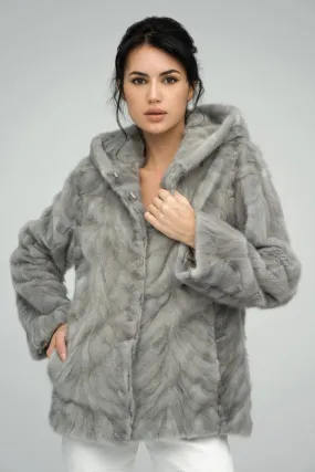 Gray Genuine Hooded Mink Fur Coat