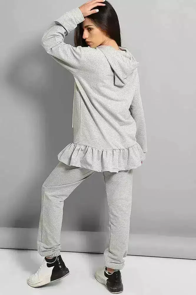 Grey Frilled Hem Hoodie Tracksuit