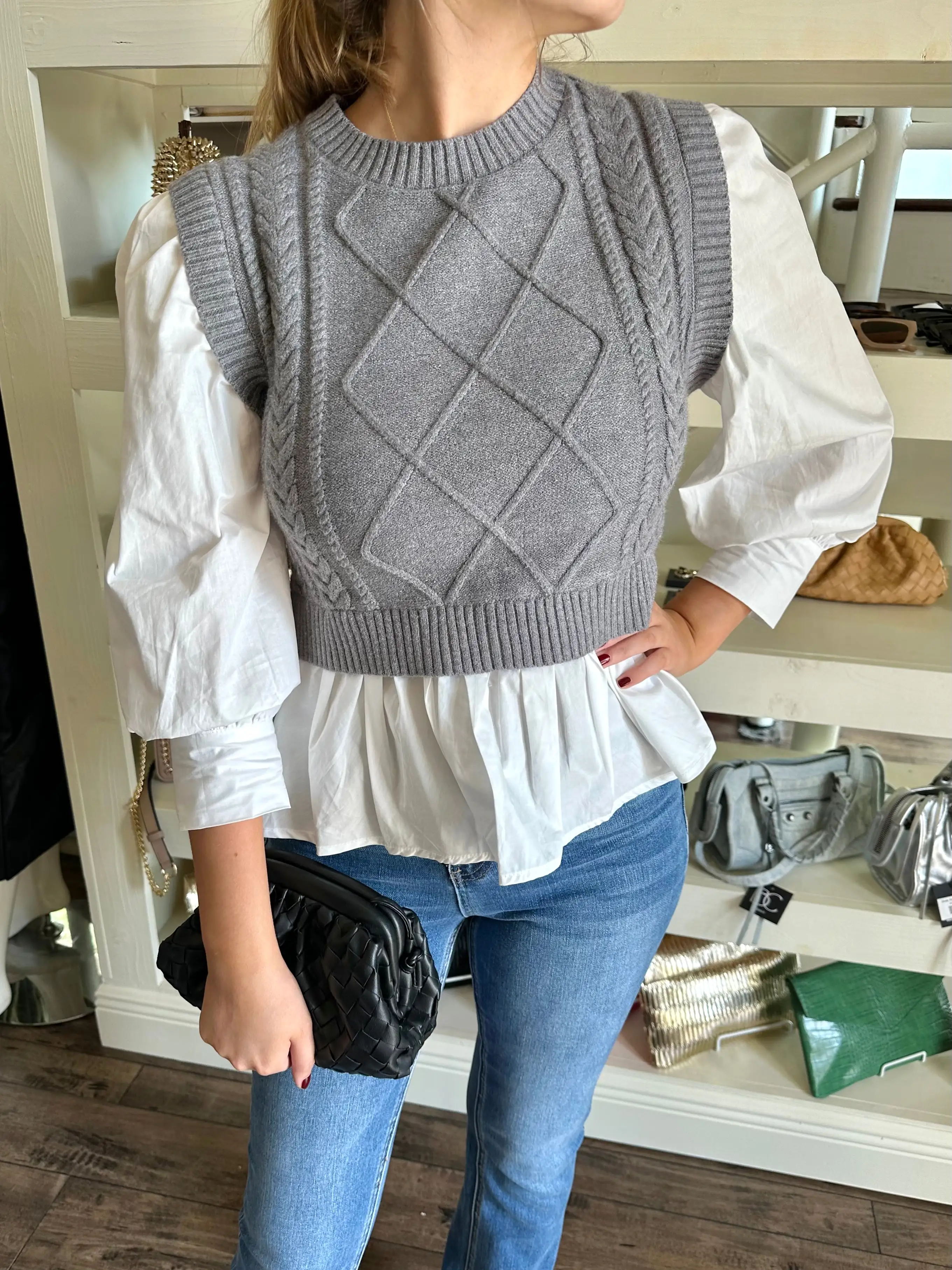 Grey Sweater Vest Blouse