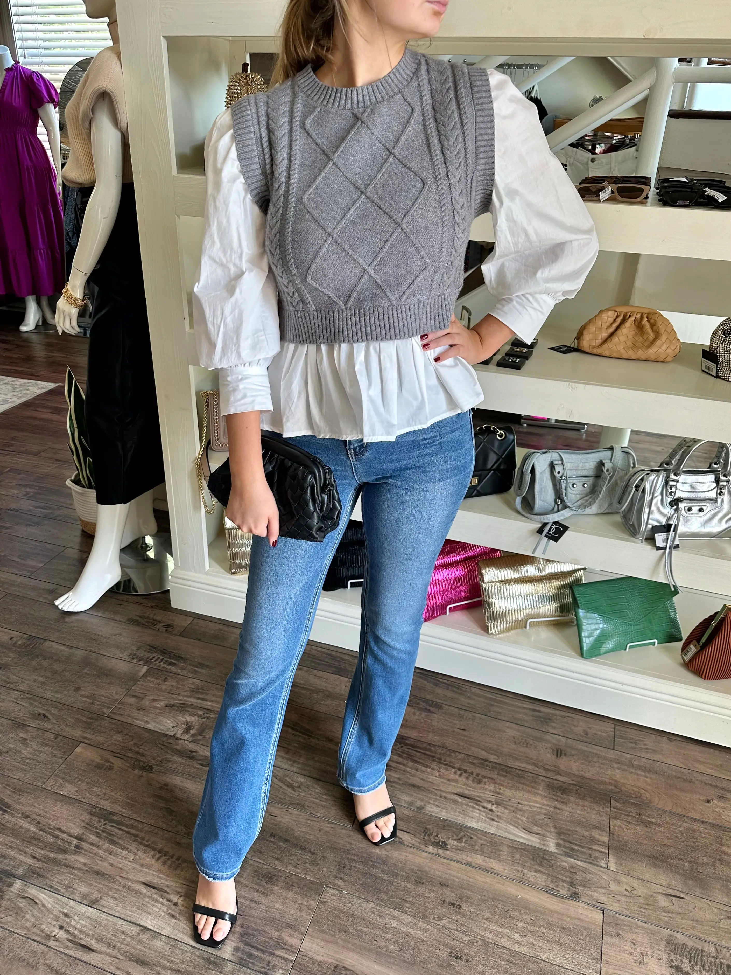 Grey Sweater Vest Blouse