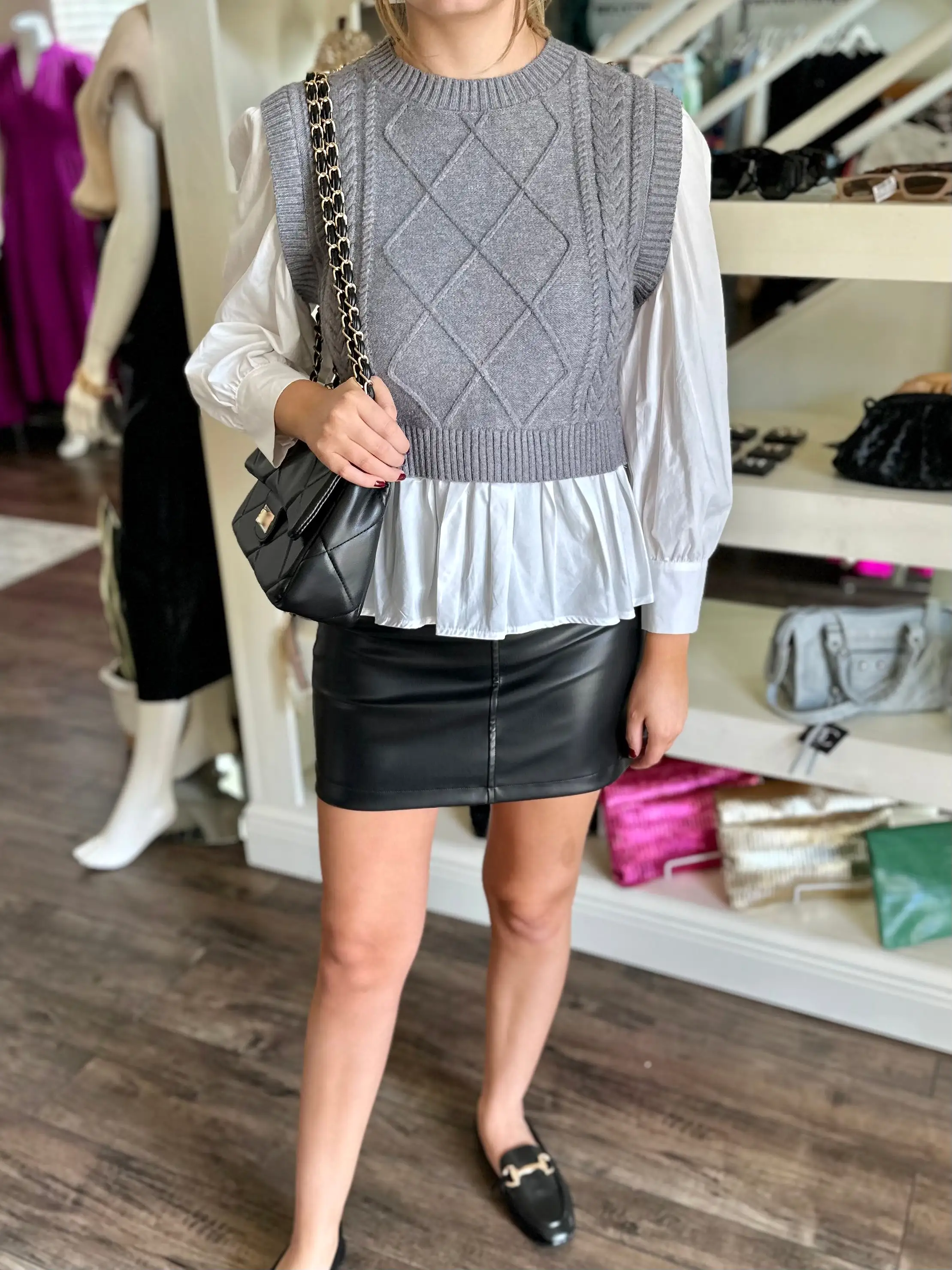 Grey Sweater Vest Blouse