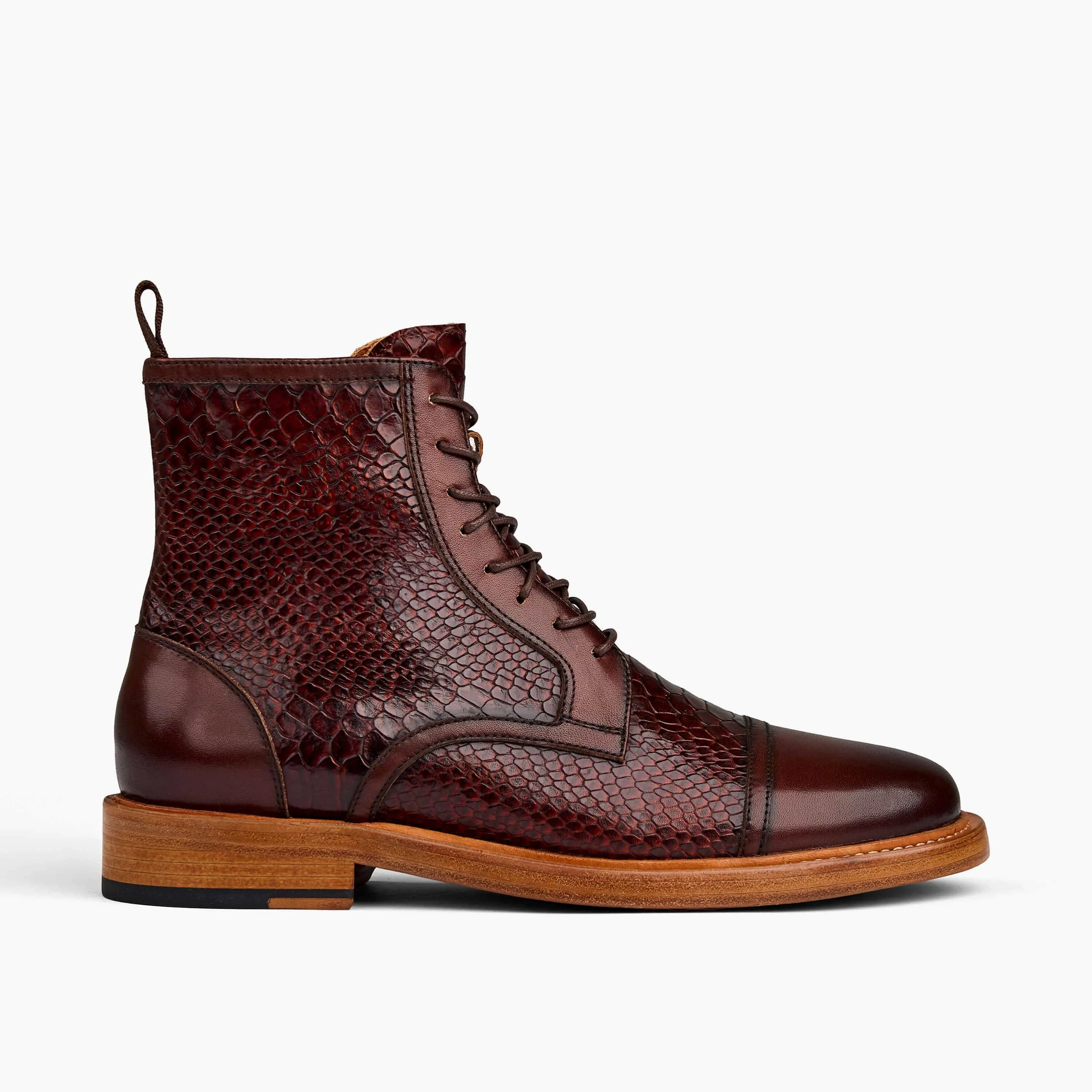 Lincoln Mahogany Snakeskin Leather Cap Toe Boots