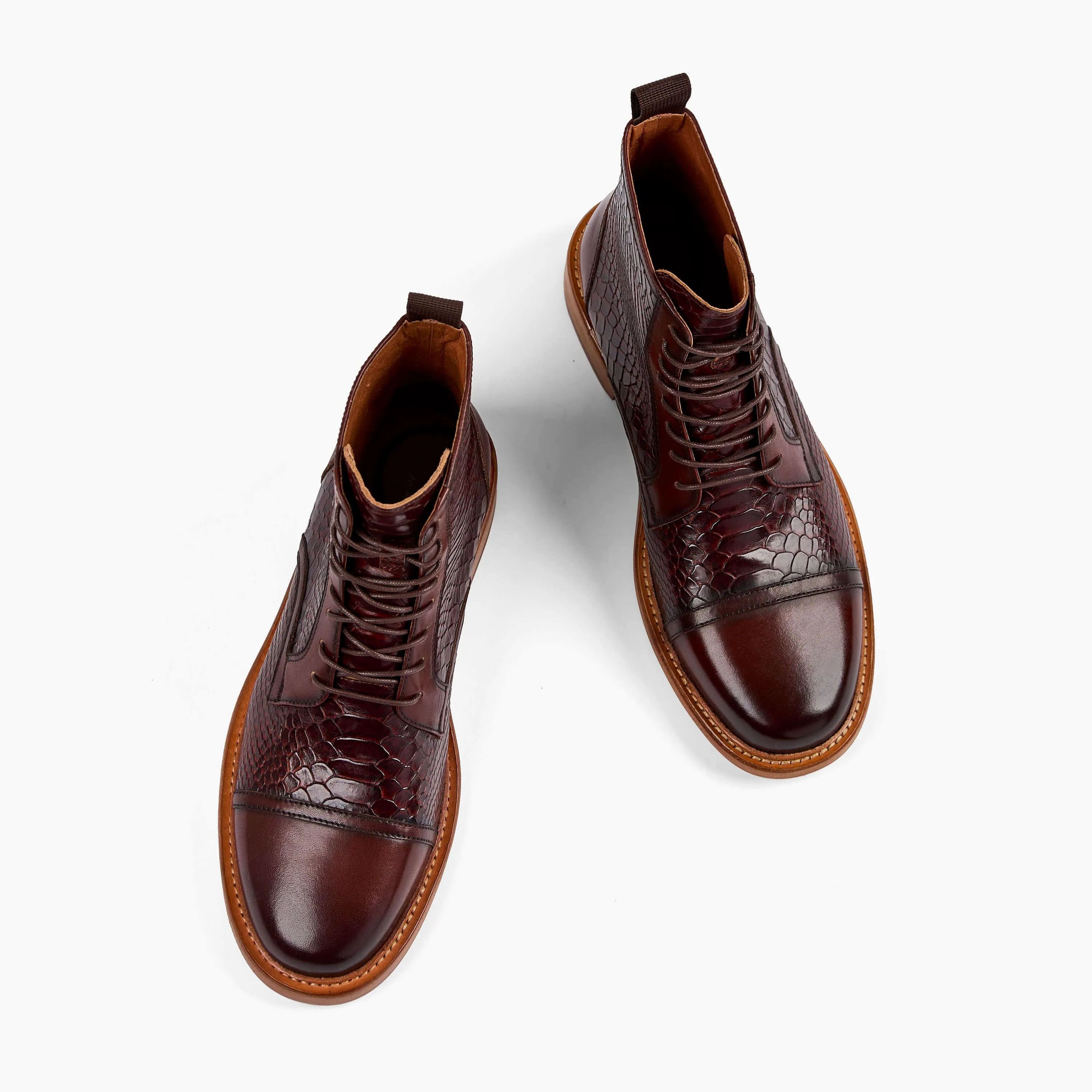 Lincoln Mahogany Snakeskin Leather Cap Toe Boots