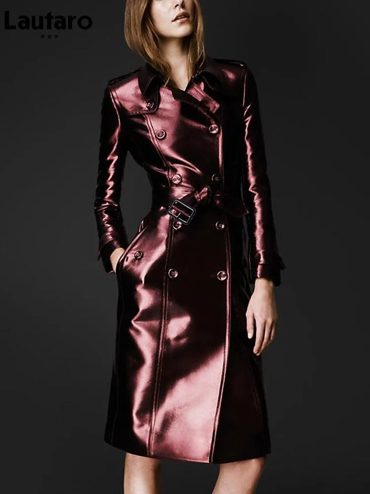 Long Shiny Reflective Patent Leather Trench Coat