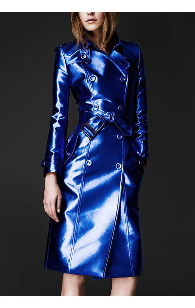 Long Shiny Reflective Patent Leather Trench Coat