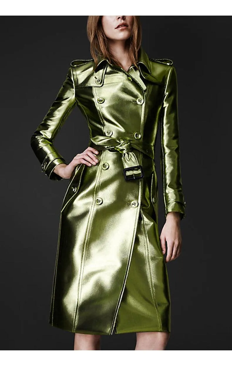 Long Shiny Reflective Patent Leather Trench Coat