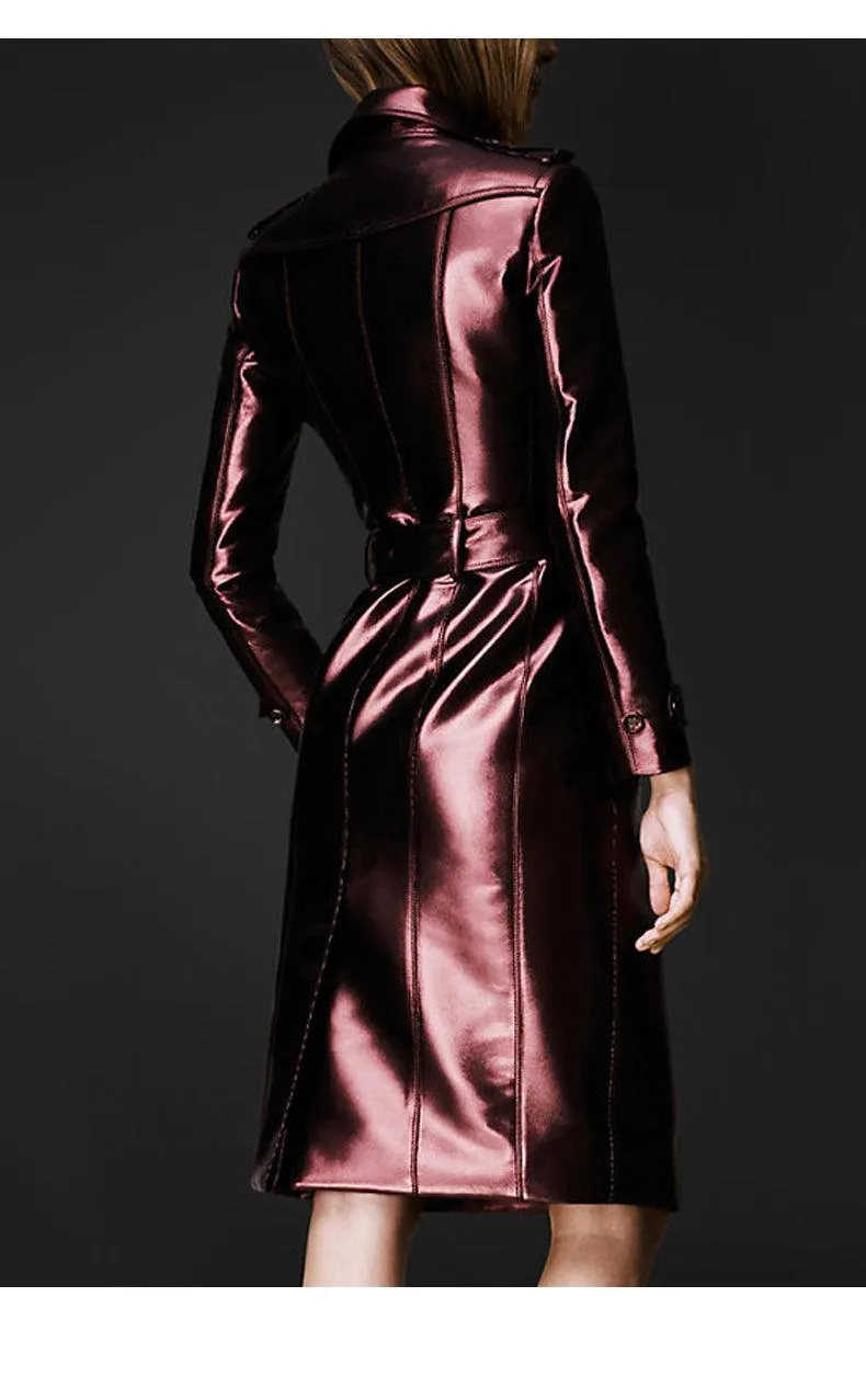 Long Shiny Reflective Patent Leather Trench Coat