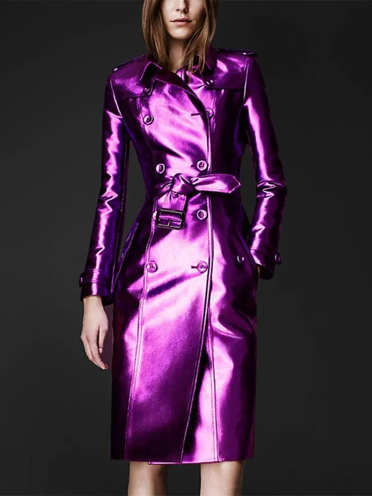 Long Shiny Reflective Patent Leather Trench Coat