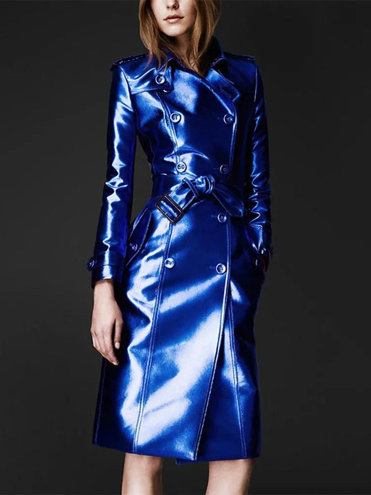 Long Shiny Reflective Patent Leather Trench Coat