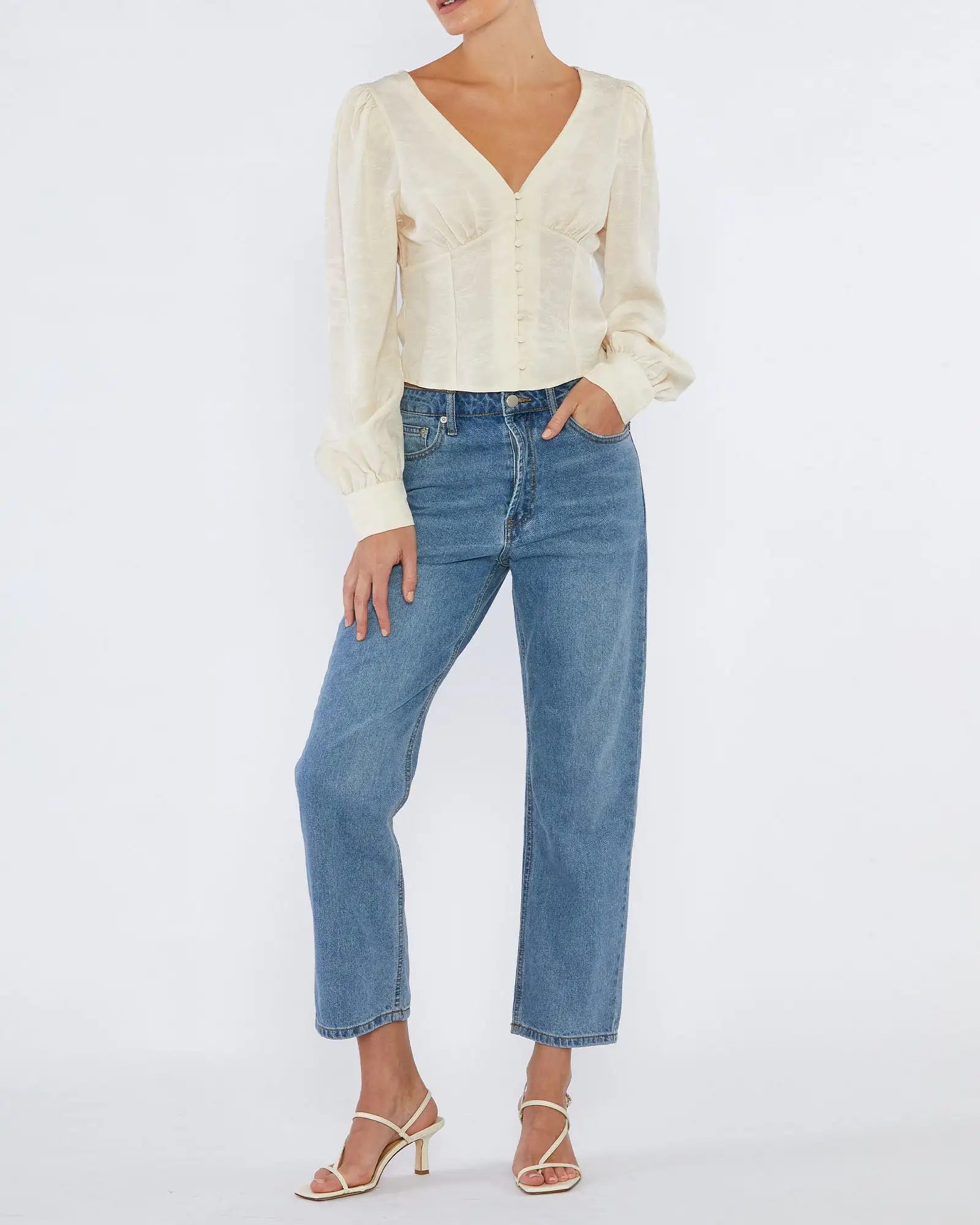 Loren Linen Jacquard V-Neck Top - Crema