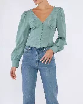 Loren Linen Jacquard V-Neck Top - Sage