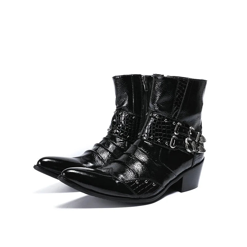 Men's Handmade Genuine Leather Pointed Toe Buckles 6.5cm Heels Ankle Boots